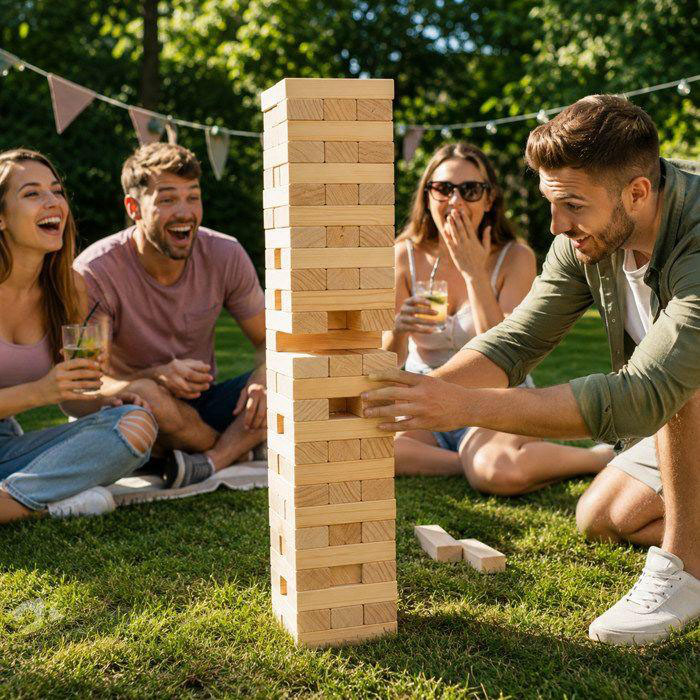 Giant Tumbling Tower oversized wooden stacking blocks for party game rentals